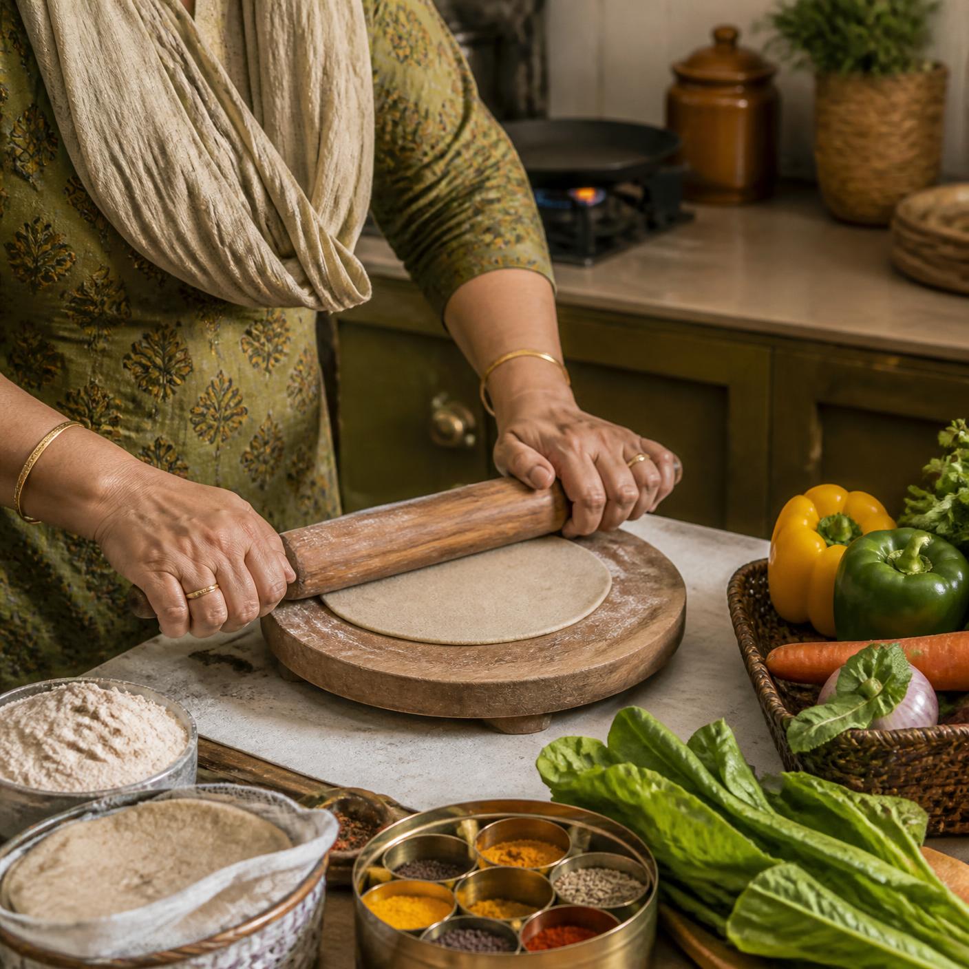 Home cook hand-rolling millet rotis
